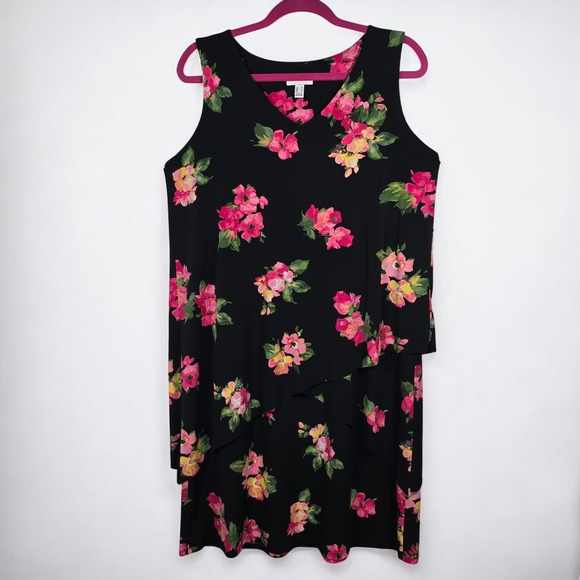 Susan Graver Dresses & Skirts - Susan Graver Dress  Black Floral Print Sleeveless Layered Midi Women Medium Boho